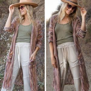 Bohemian Multicolor Longline Open Striped Cardigan with Front Pockets